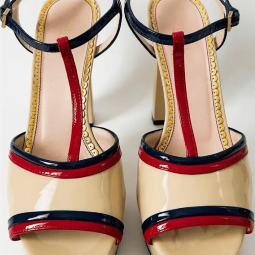 Gucci patent nude blue and red platform heels priced to sell.